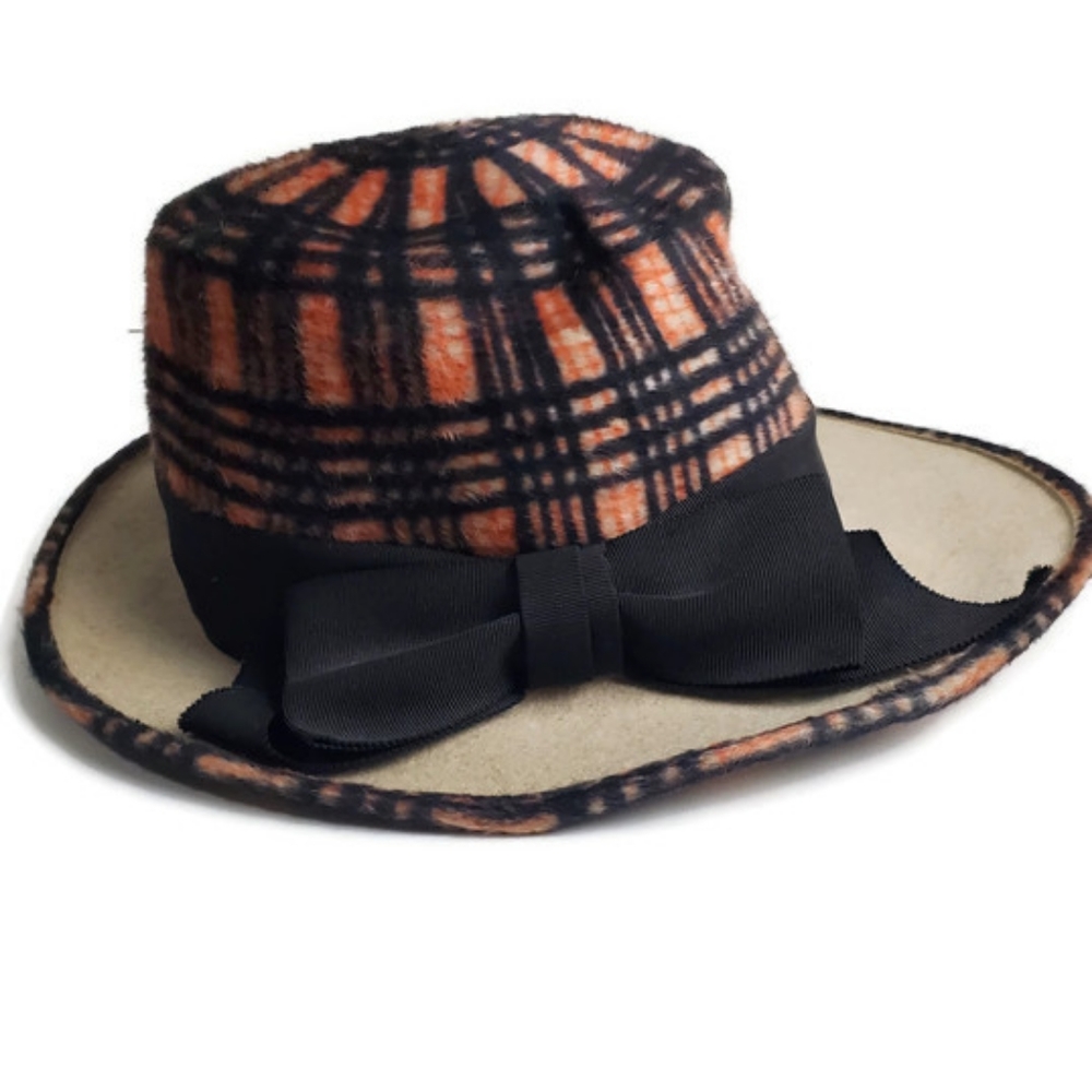 Vintage Leslie James Robinson's California Wide Brim Plaid Ribbon Wool Fur Hat
